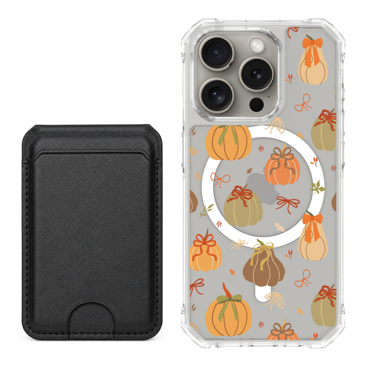 Scooch MagCase Pretty Pumpkins for iPhone 15 Pro — Black MagWallet Bundle