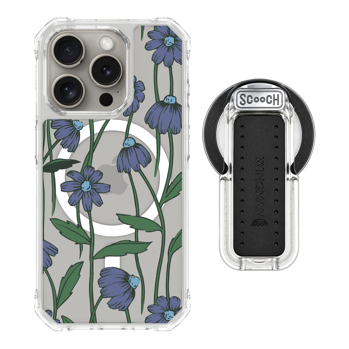 Scooch MagCase Violet Daisy for iPhone 15 Pro — MagSafe Wingback Bundle - Clear