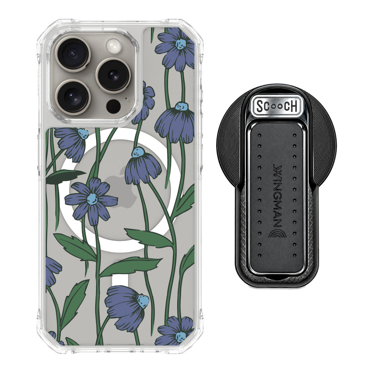 Scooch MagCase Violet Daisy for iPhone 15 Pro — MagSafe Wingback Bundle - Black