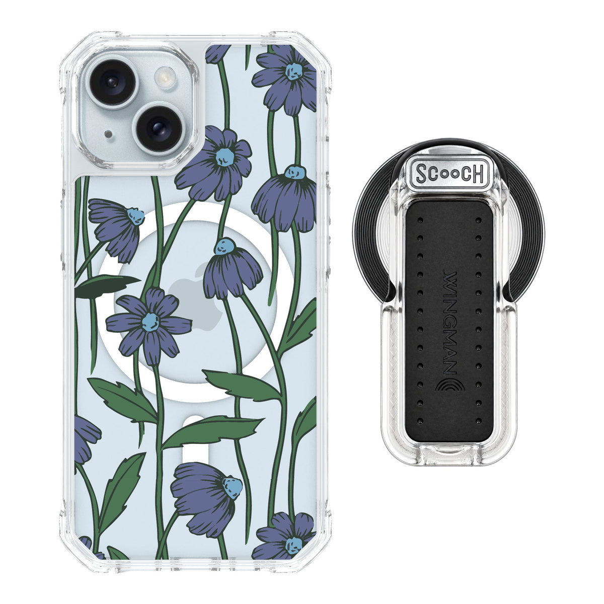 Scooch MagCase Violet Daisy for iPhone 15 — MagSafe Wingback Bundle - Clear
