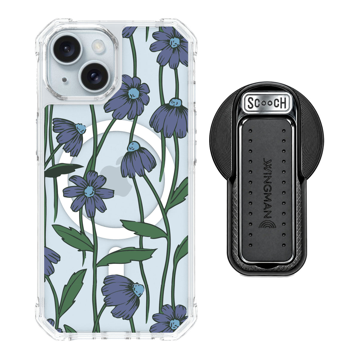 Scooch MagCase Violet Daisy for iPhone 15 — MagSafe Wingback Bundle - Black