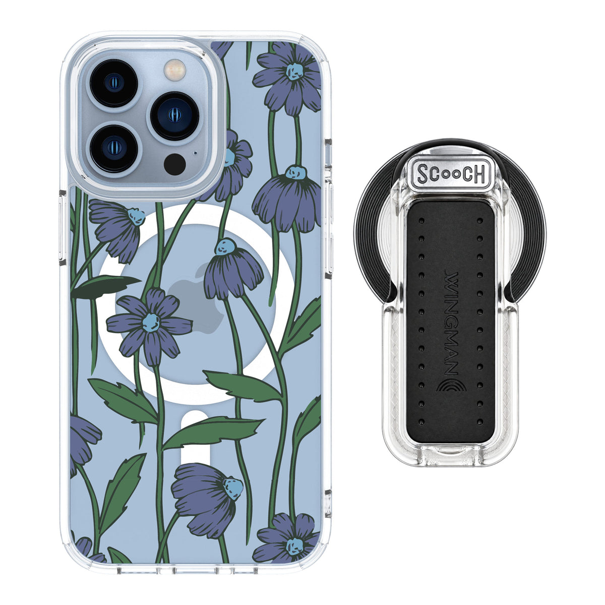 Scooch MagCase Violet Daisy for iPhone 13 Pro — MagSafe Wingback Bundle - Clear
