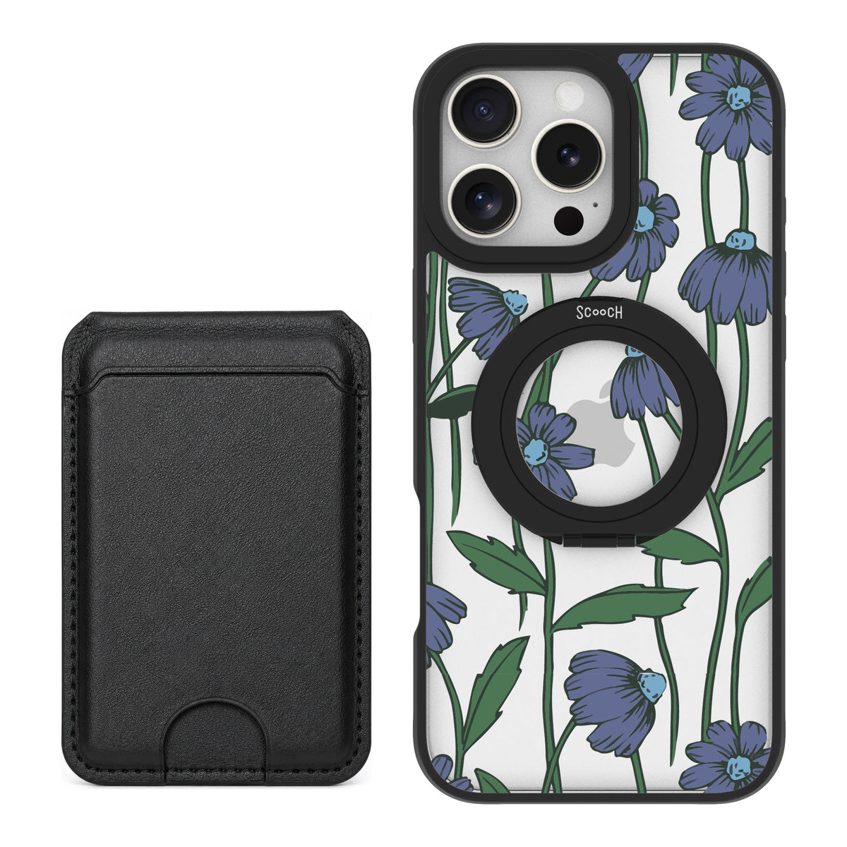 Scooch MagCase Violet Daisy for iPhone 16 Pro Max — Black MagWallet Bundle