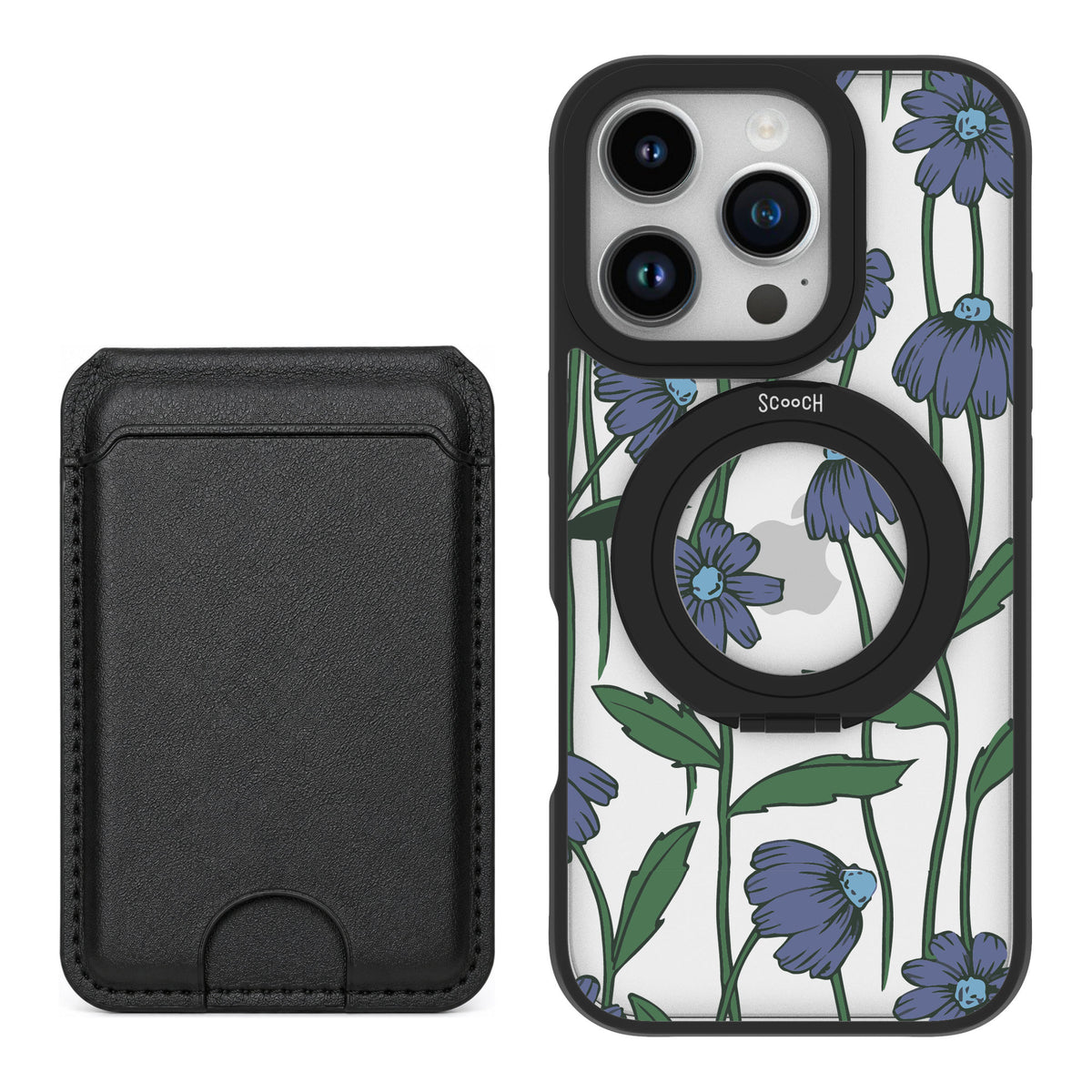Scooch MagCase Violet Daisy for iPhone 16 Pro — Black MagWallet Bundle