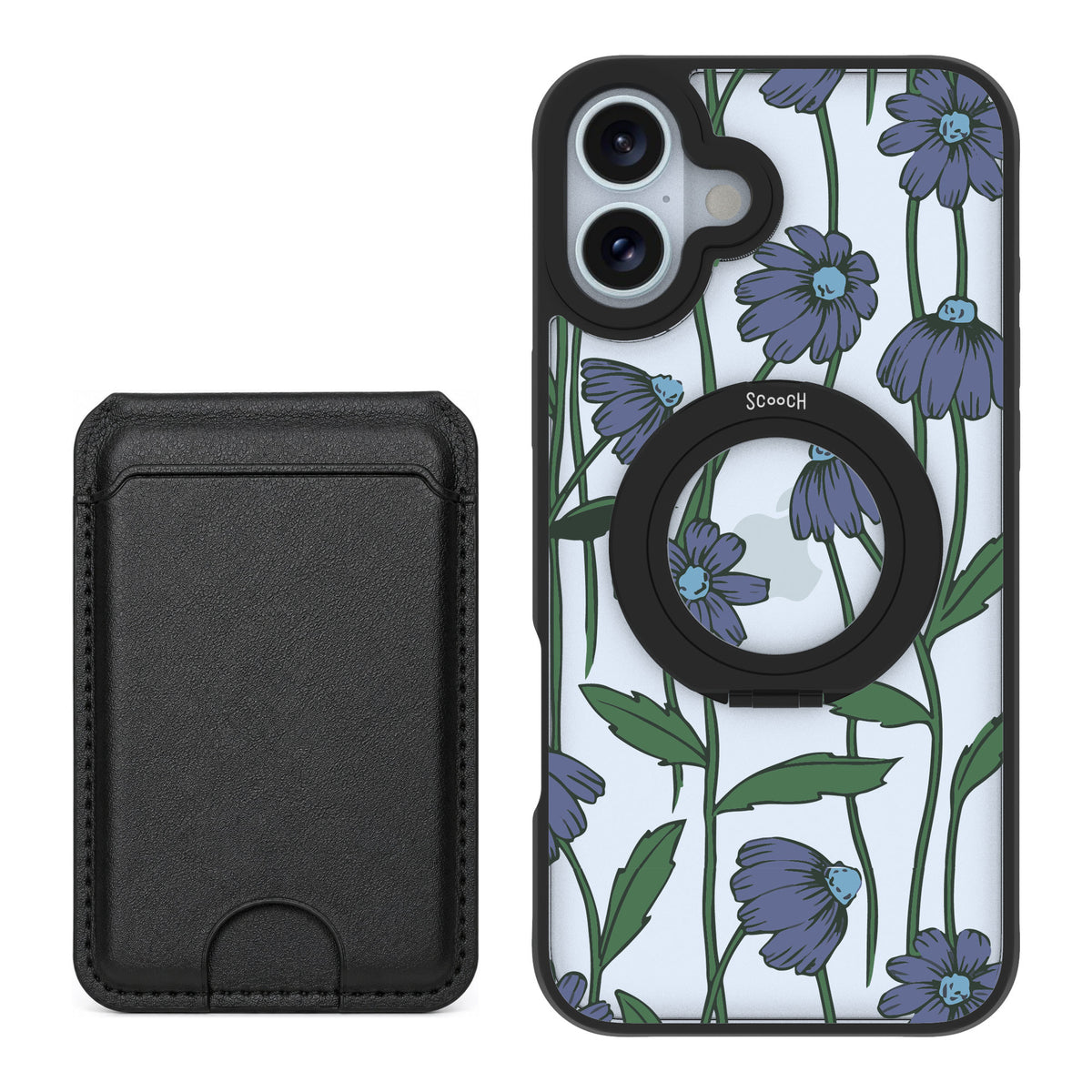 Scooch MagCase Violet Daisy for iPhone 16 Plus — Black MagWallet Bundle