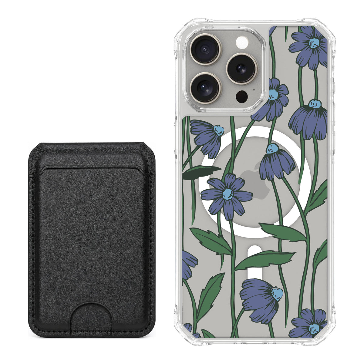 Scooch MagCase Violet Daisy for iPhone 15 Pro Max — Black MagWallet Bundle