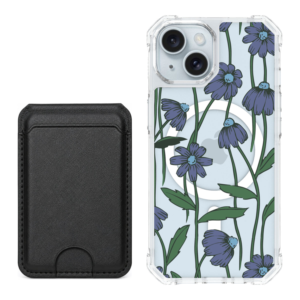 Scooch MagCase Violet Daisy for iPhone 15 — Black MagWallet Bundle