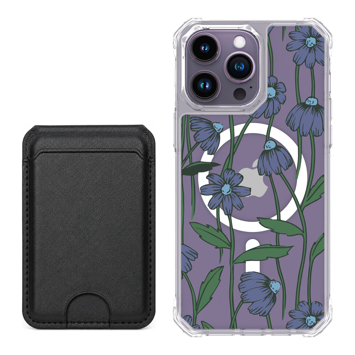 Scooch MagCase Violet Daisy for iPhone 14 Pro Max — Black MagWallet Bundle