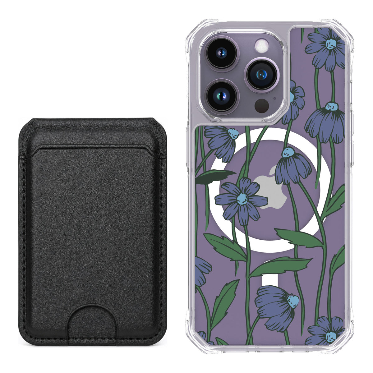 Scooch MagCase Violet Daisy for iPhone 14 Pro — Black MagWallet Bundle