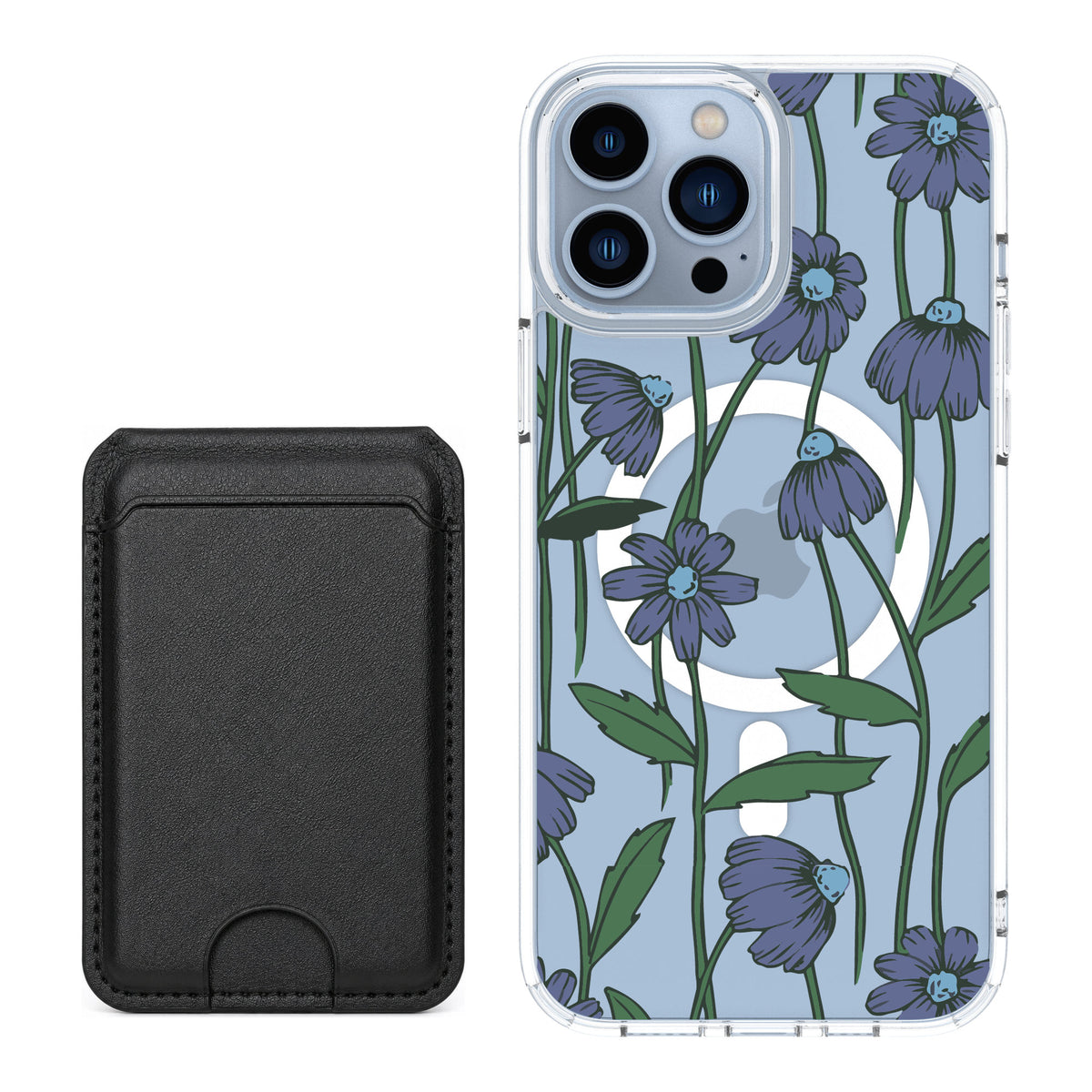 Scooch MagCase Violet Daisy for iPhone 13 Pro Max — Black MagWallet Bundle