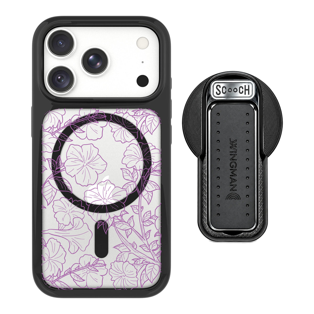 Scooch MagCase Purple Petunias for iPhone 18 Pro Max — MagSafe Wingback Bundle - Black