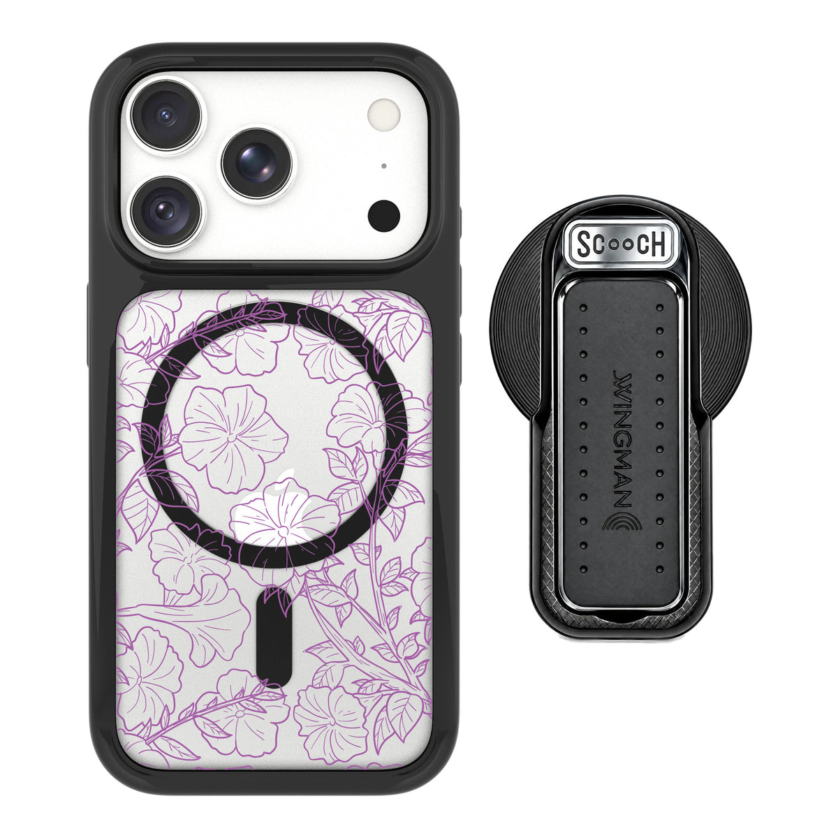 Scooch MagCase Purple Petunias for iPhone 18 Pro — MagSafe Wingback Bundle - Black
