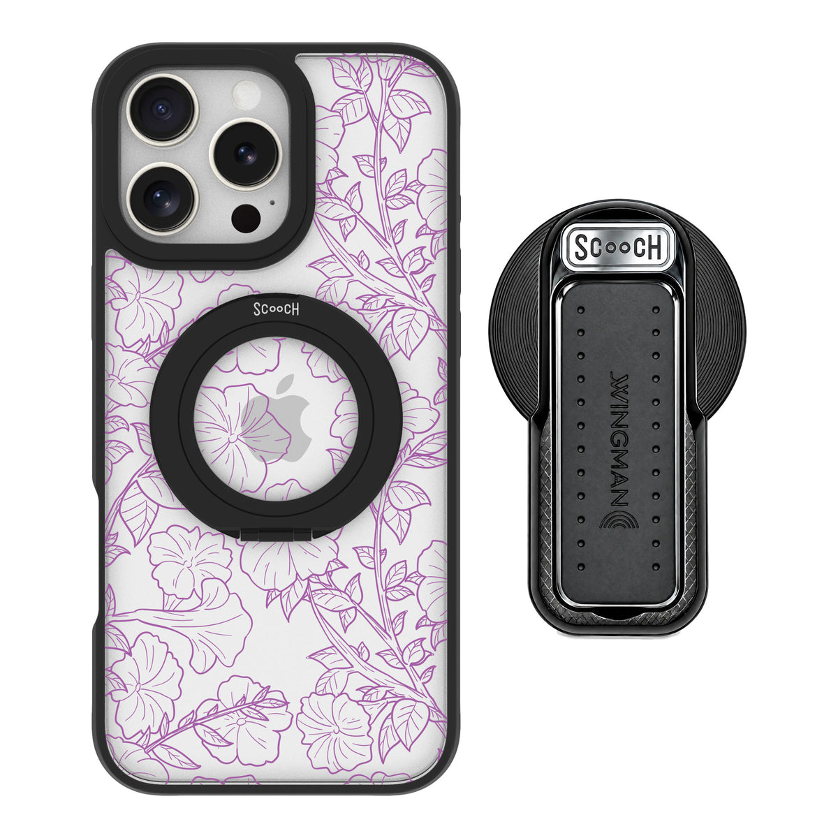 Scooch MagCase Purple Petunias for iPhone 16 Pro Max — MagSafe Wingback Bundle - Black