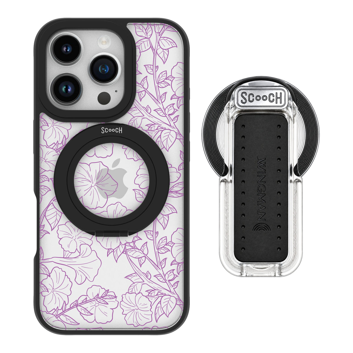 Scooch MagCase Purple Petunias for iPhone 16 Pro — MagSafe Wingback Bundle - Clear