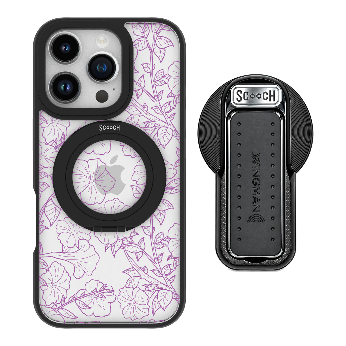 Scooch MagCase Purple Petunias for iPhone 16 Pro — MagSafe Wingback Bundle - Black