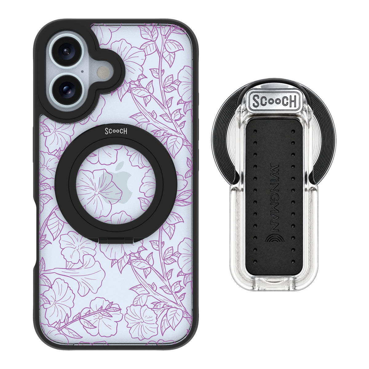 Scooch MagCase Purple Petunias for iPhone 16 — MagSafe Wingback Bundle - Clear