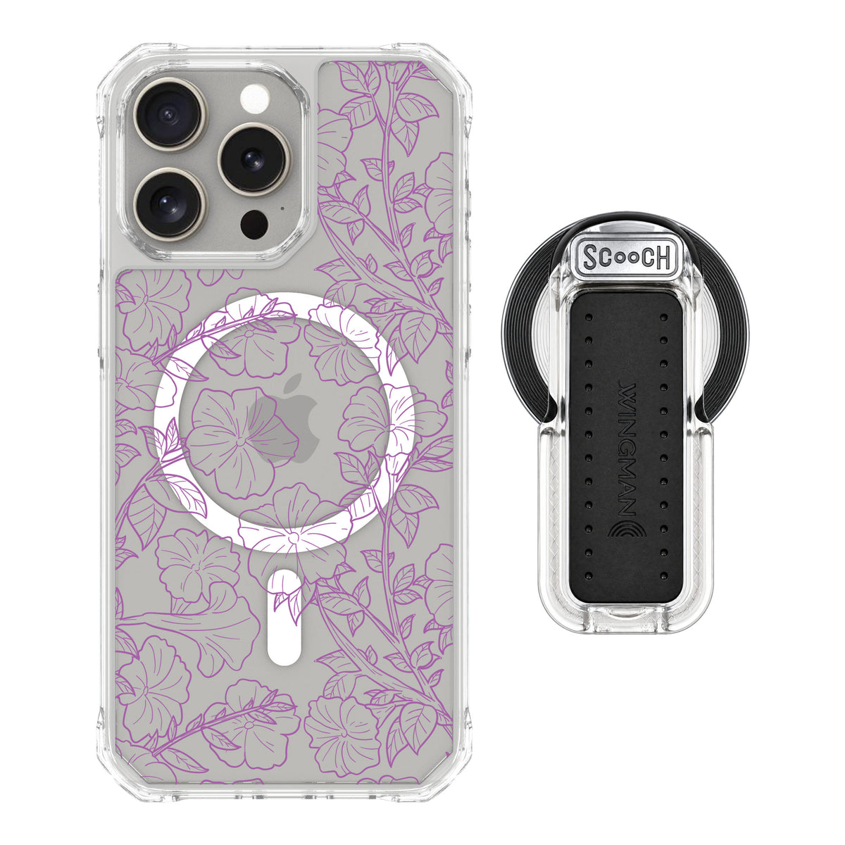 Scooch MagCase Purple Petunias for iPhone 15 Pro Max — MagSafe Wingback Bundle - Clear