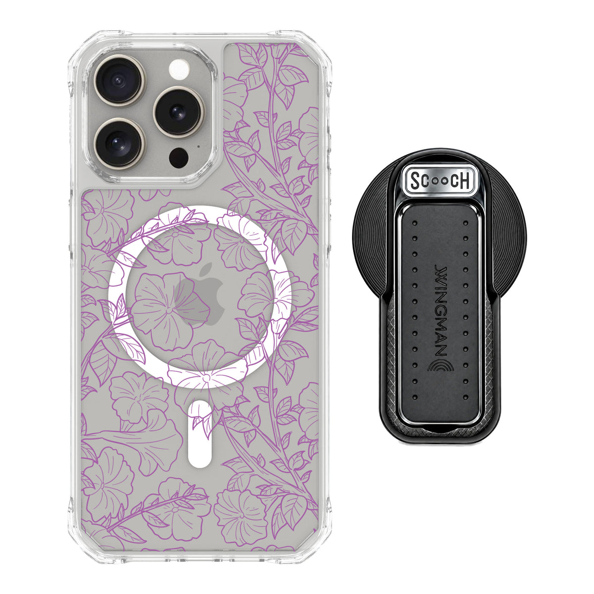Scooch MagCase Purple Petunias for iPhone 15 Pro Max — MagSafe Wingback Bundle - Black