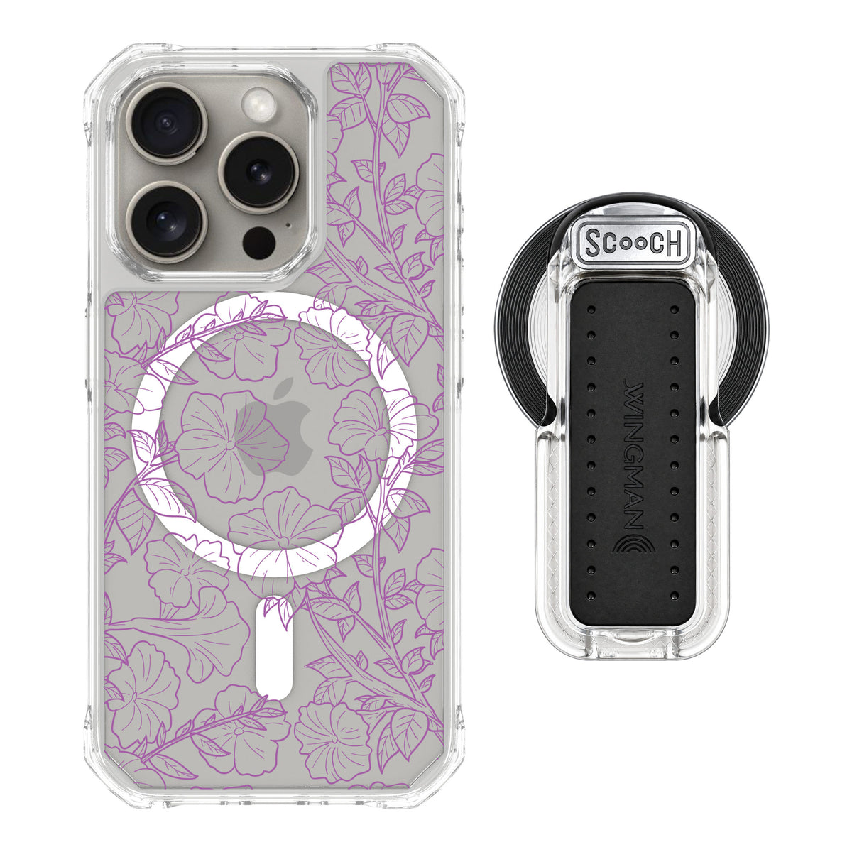 Scooch MagCase Purple Petunias for iPhone 15 Pro — MagSafe Wingback Bundle - Clear