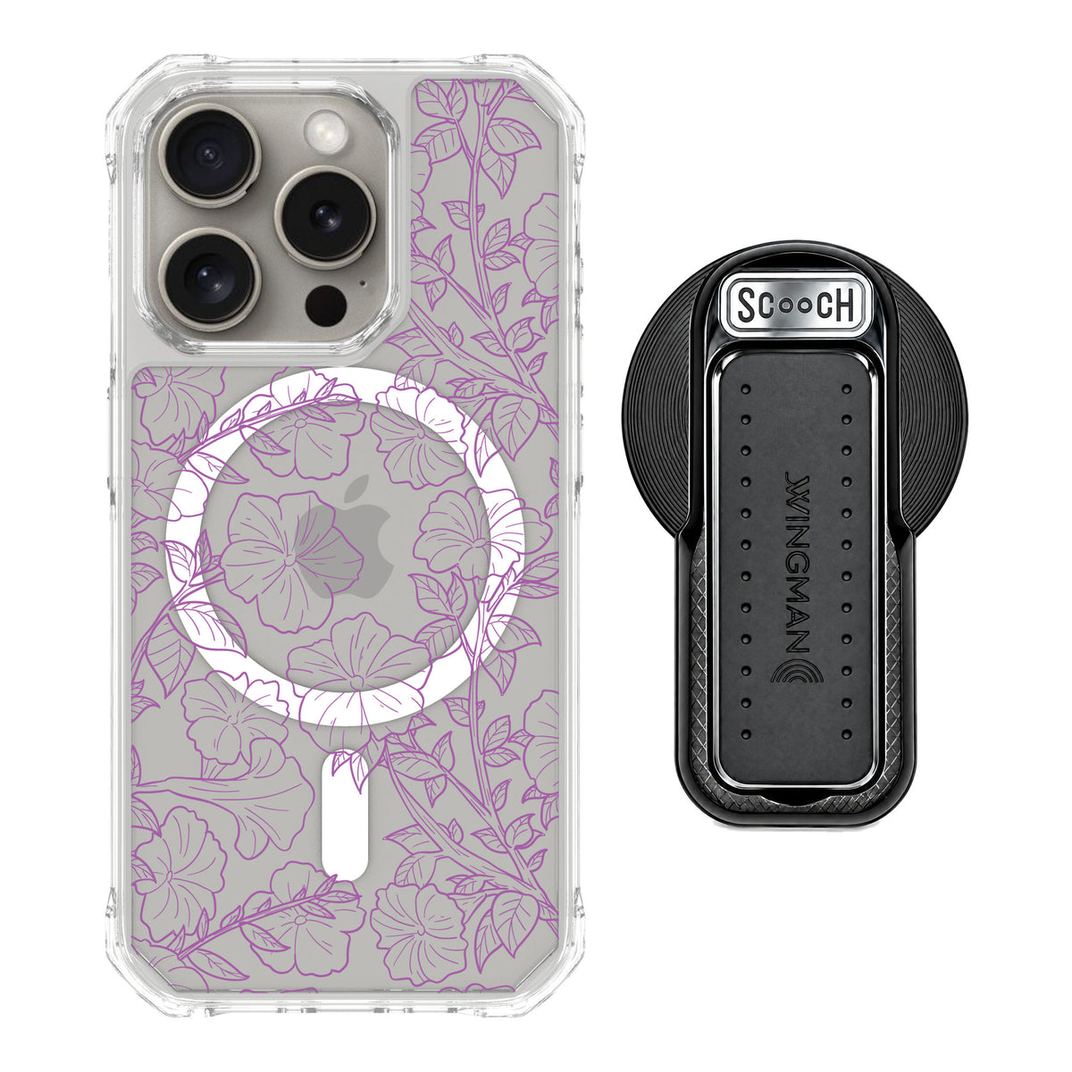 Scooch MagCase Purple Petunias for iPhone 15 Pro — MagSafe Wingback Bundle - Black
