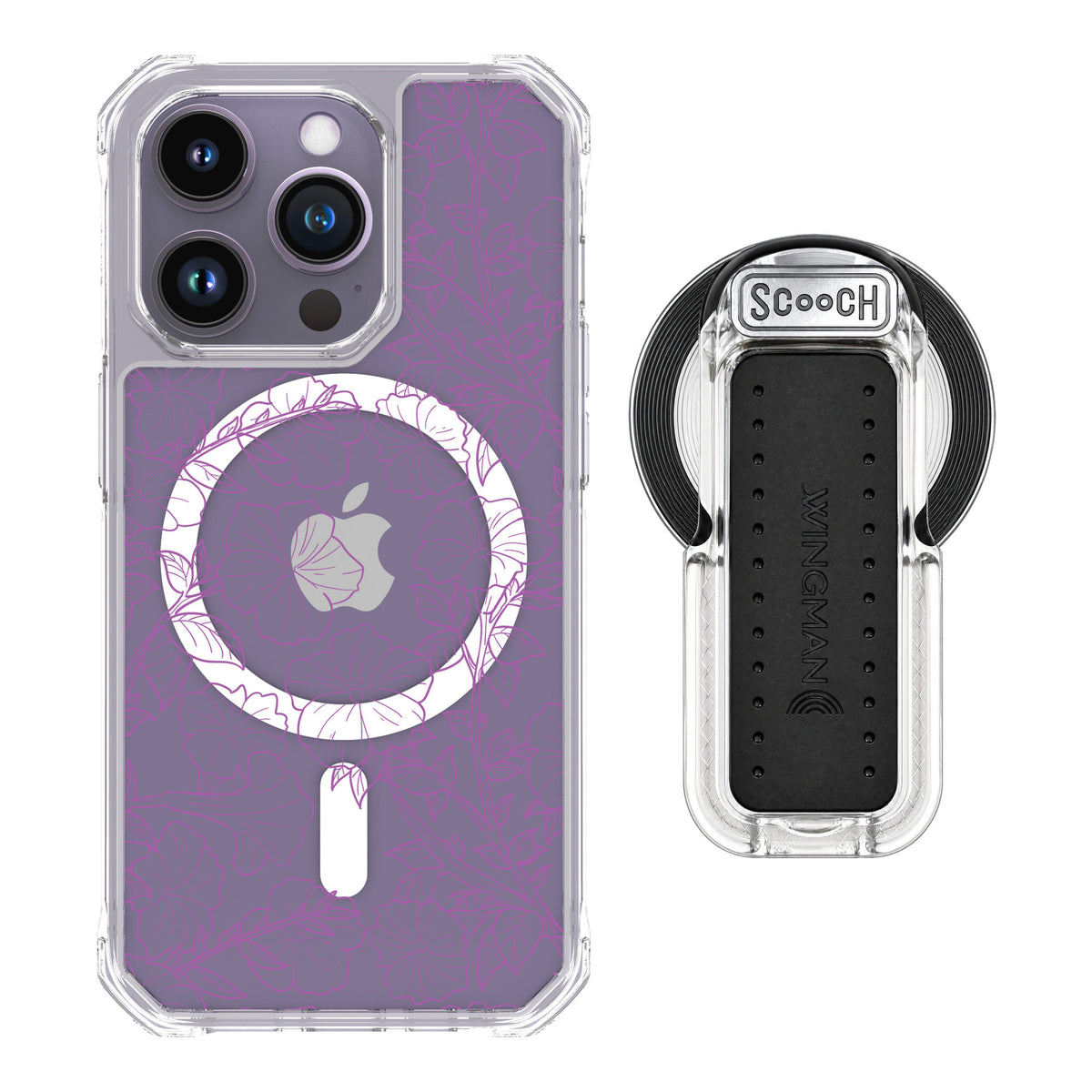 Scooch MagCase Purple Petunias for iPhone 14 Pro — MagSafe Wingback Bundle - Clear