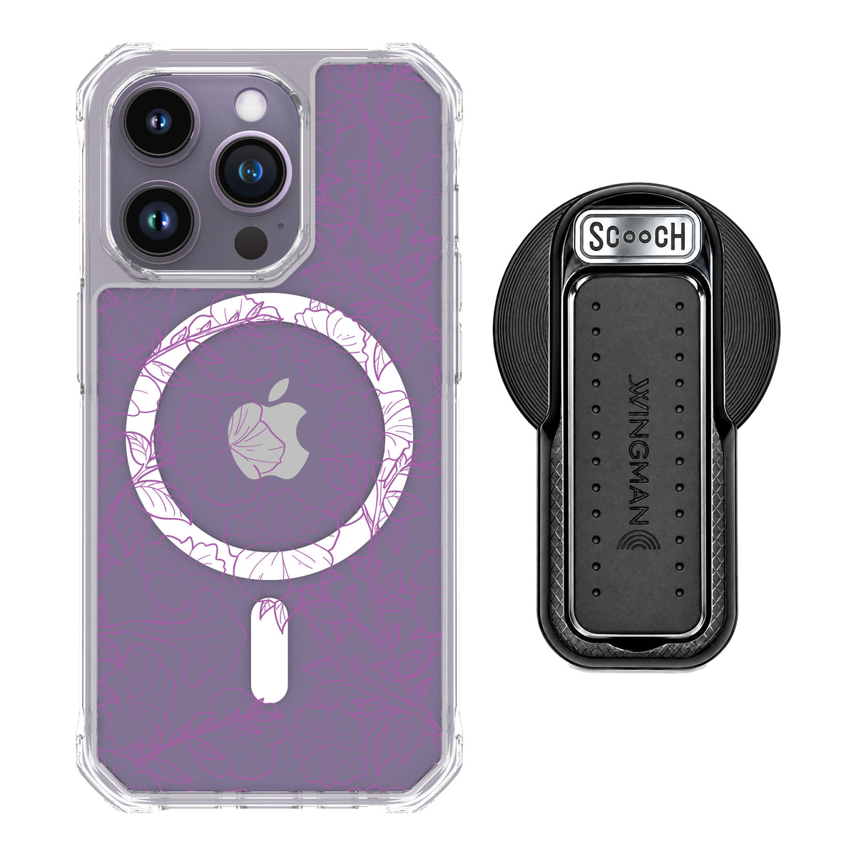 Scooch MagCase Purple Petunias for iPhone 14 Pro — MagSafe Wingback Bundle - Black