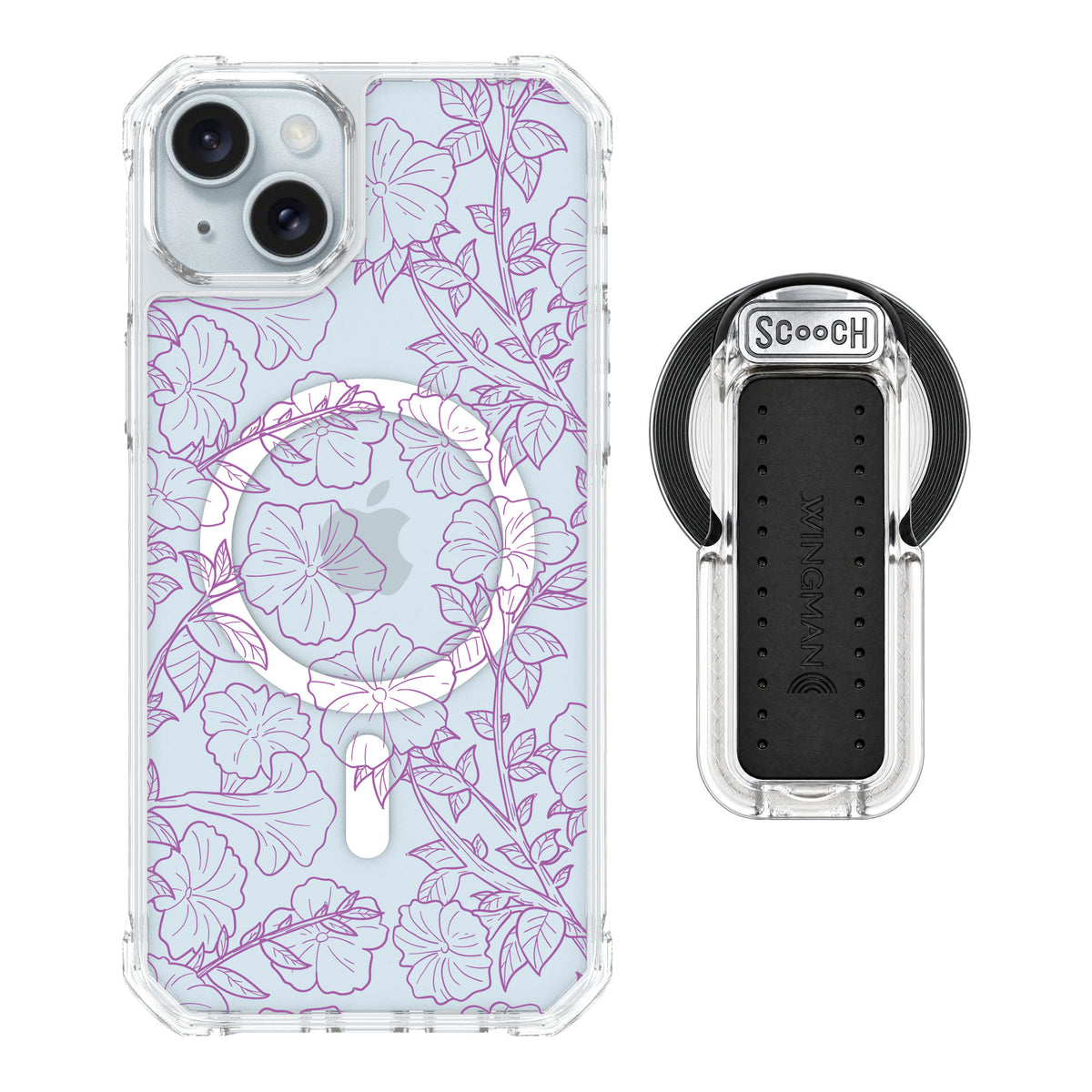 Scooch MagCase Purple Petunias for iPhone 14 Plus — MagSafe Wingback Bundle - Clear