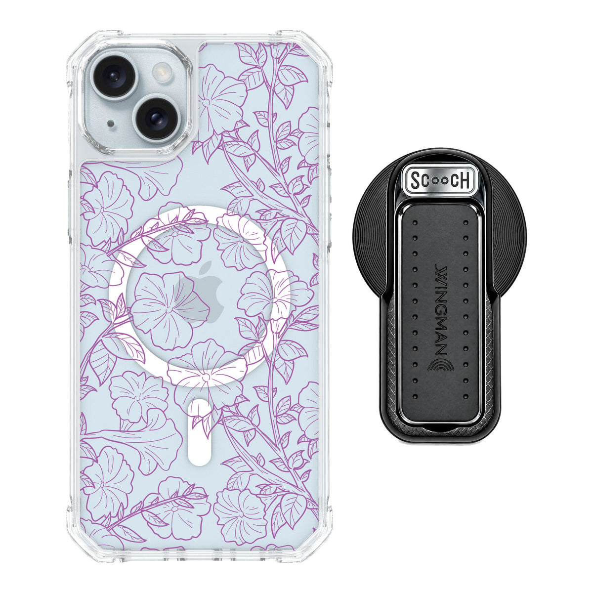 Scooch MagCase Purple Petunias for iPhone 14 Plus — MagSafe Wingback Bundle - Black