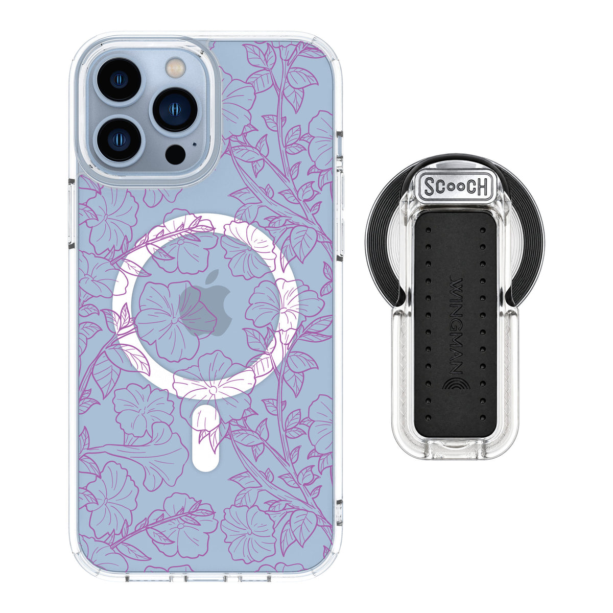 Scooch MagCase Purple Petunias for iPhone 13 Pro Max — MagSafe Wingback Bundle - Clear