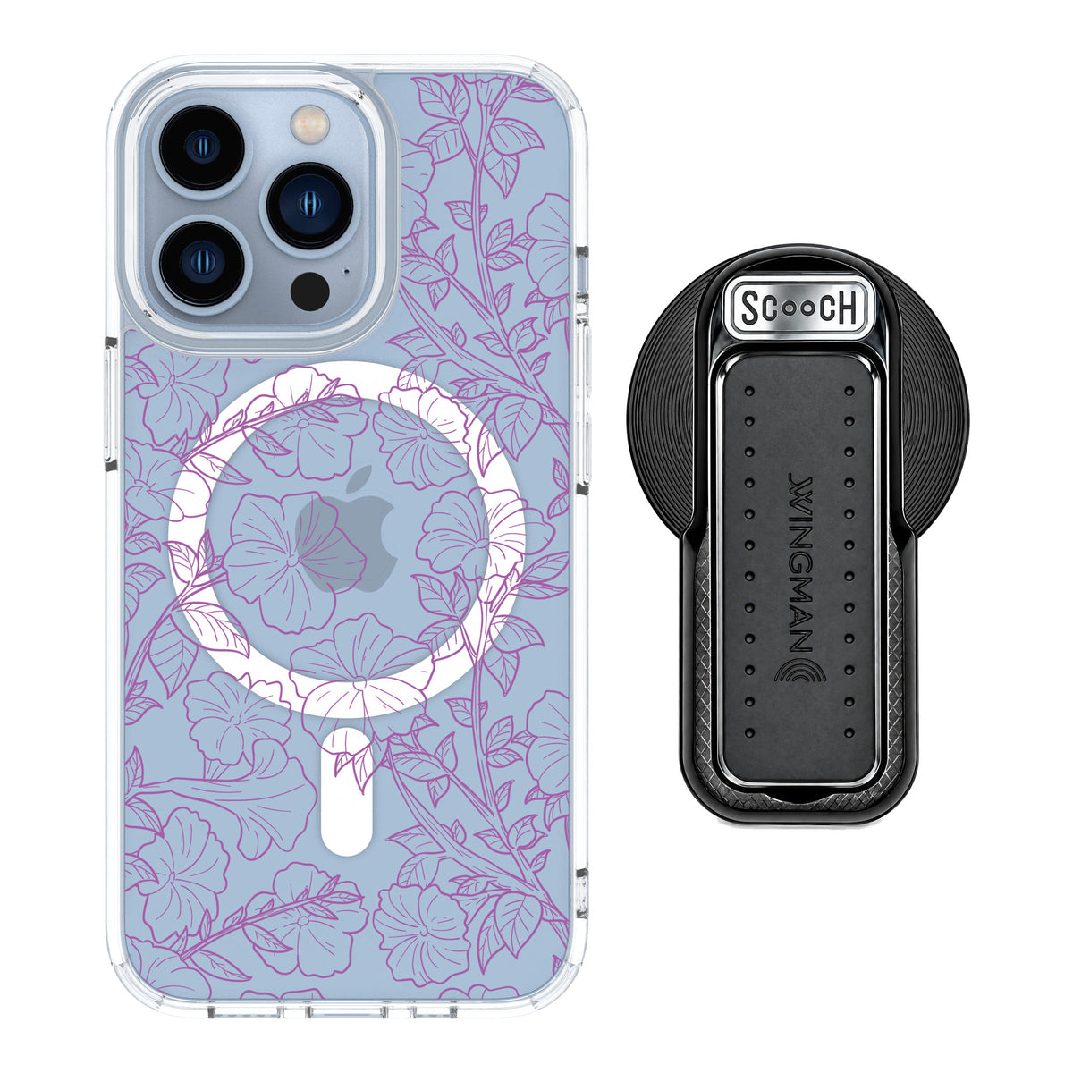 Scooch MagCase Purple Petunias for iPhone 13 Pro — MagSafe Wingback Bundle - Black