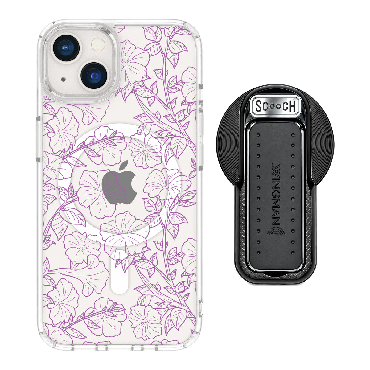 Scooch MagCase Purple Petunias for iPhone 13 — MagSafe Wingback Bundle - Black