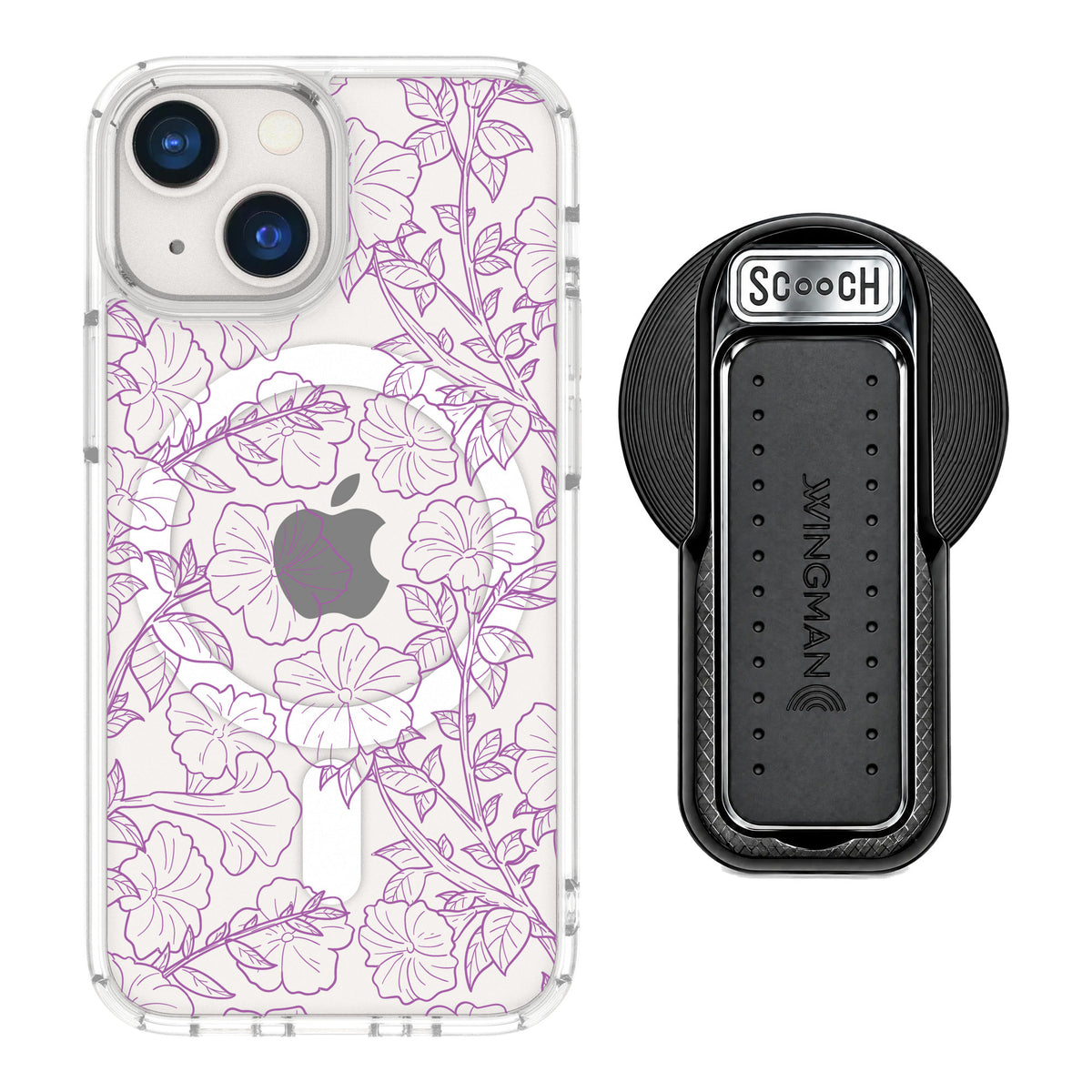 Scooch MagCase Purple Petunias for iPhone 13 mini — MagSafe Wingback Bundle - Black