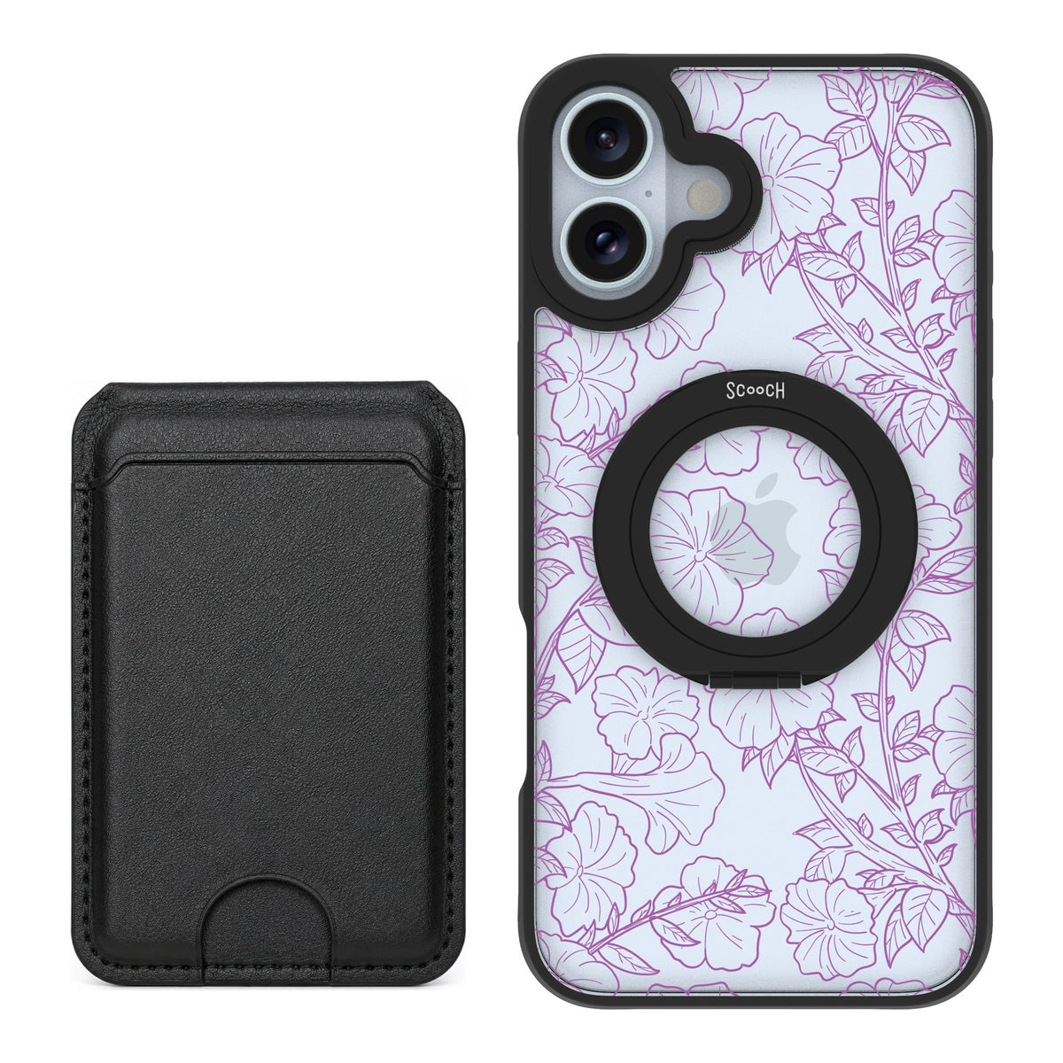 Scooch MagCase Purple Petunias for iPhone 16 Plus — Black MagWallet Bundle