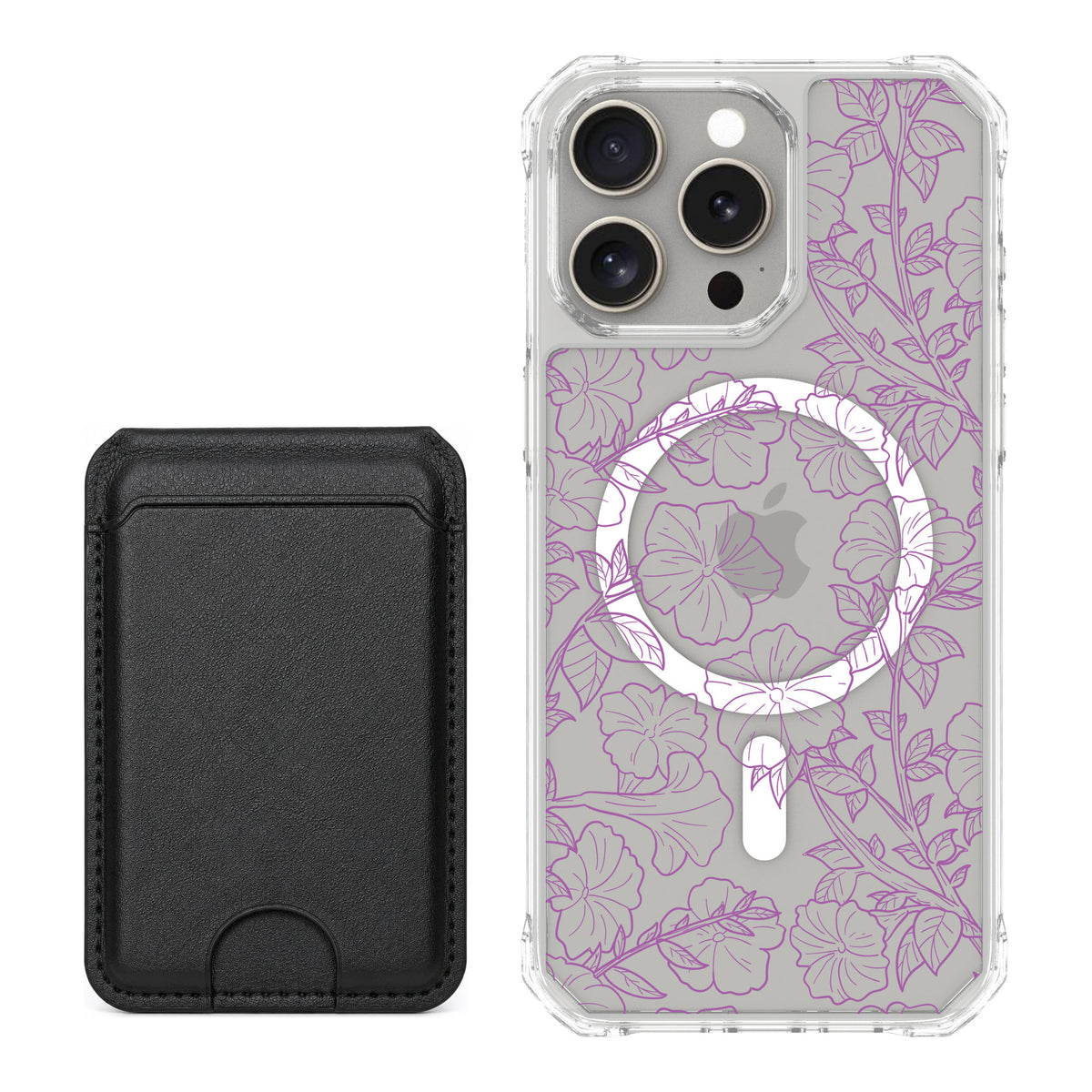 Scooch MagCase Purple Petunias for iPhone 15 Pro Max — Black MagWallet Bundle