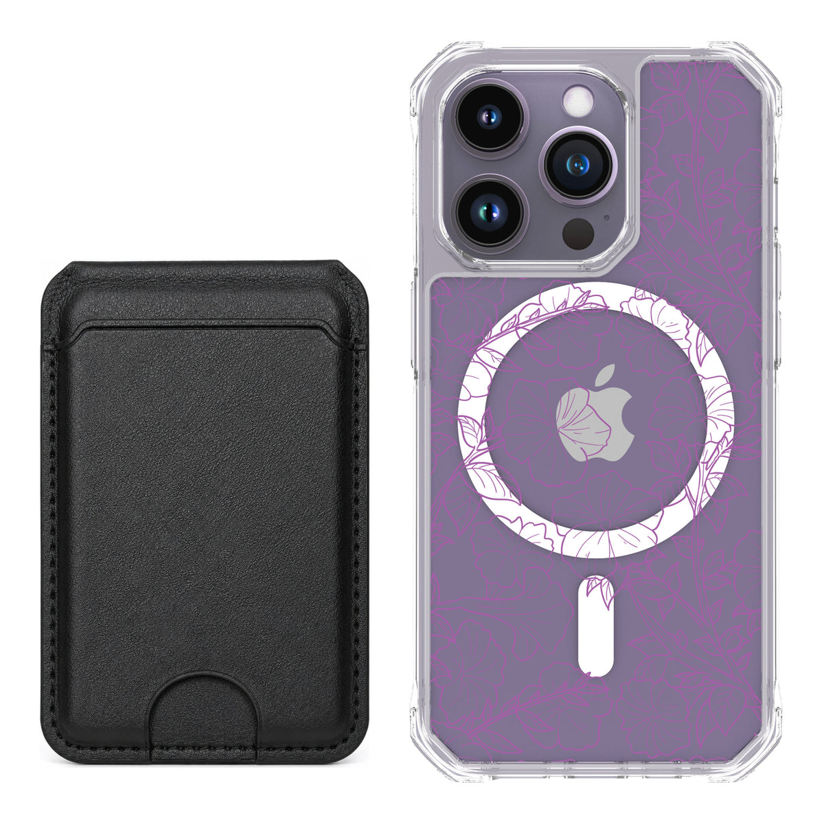 Scooch MagCase Purple Petunias for iPhone 14 Pro — Black MagWallet Bundle