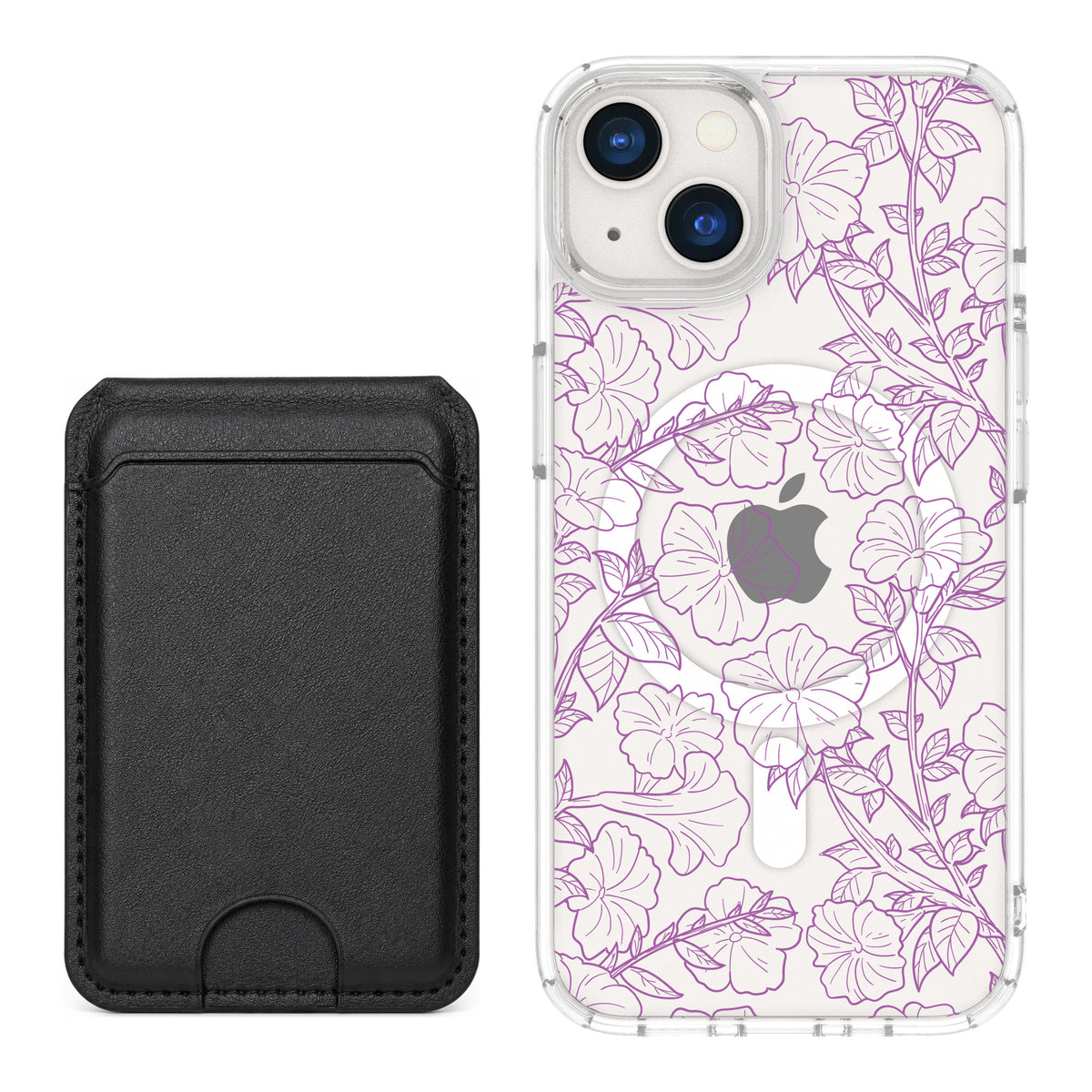 Scooch MagCase Purple Petunias for iPhone 13 — Black MagWallet Bundle