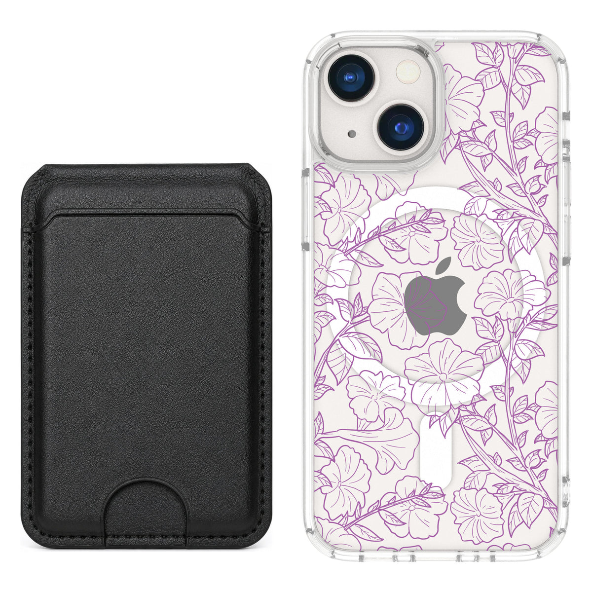 Scooch MagCase Purple Petunias for iPhone 13 mini — Black MagWallet Bundle