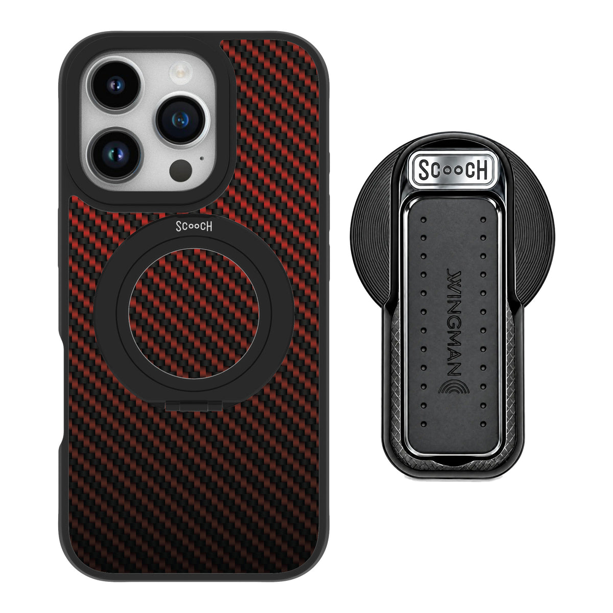 Scooch MagCase Red Carbon Fiber for iPhone 16 Pro — MagSafe Wingback Bundle - Black