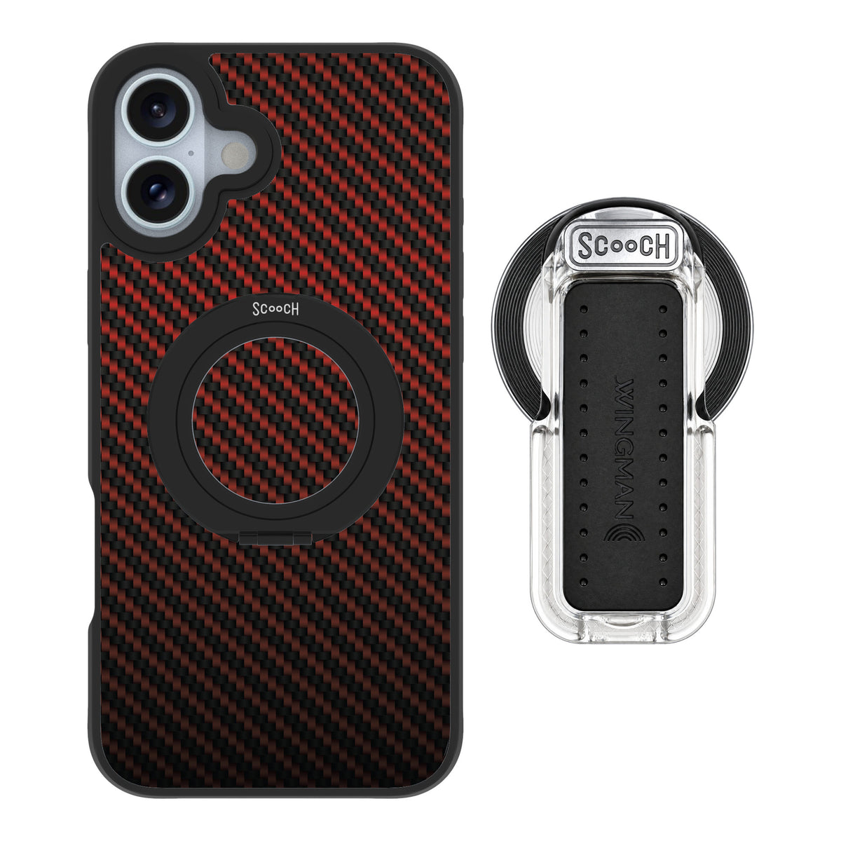 Scooch MagCase Red Carbon Fiber for iPhone 16 Plus — MagSafe Wingback Bundle - Clear