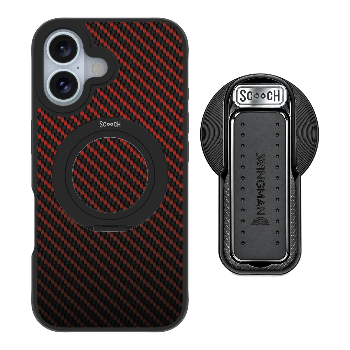 Scooch MagCase Red Carbon Fiber for iPhone 16 — MagSafe Wingback Bundle - Black