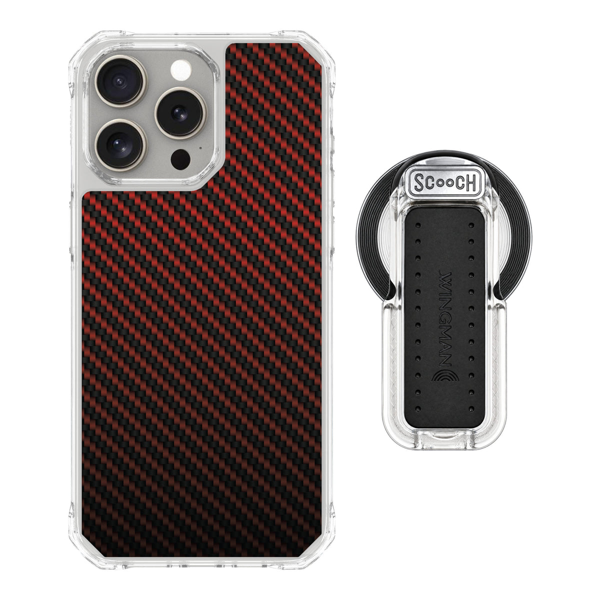 Scooch MagCase Red Carbon Fiber for iPhone 15 Pro Max — MagSafe Wingback Bundle - Clear
