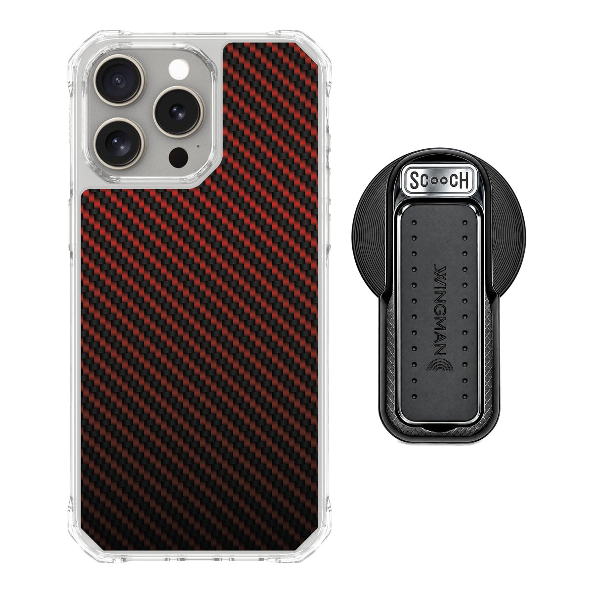 Scooch MagCase Red Carbon Fiber for iPhone 15 Pro Max — MagSafe Wingback Bundle - Black