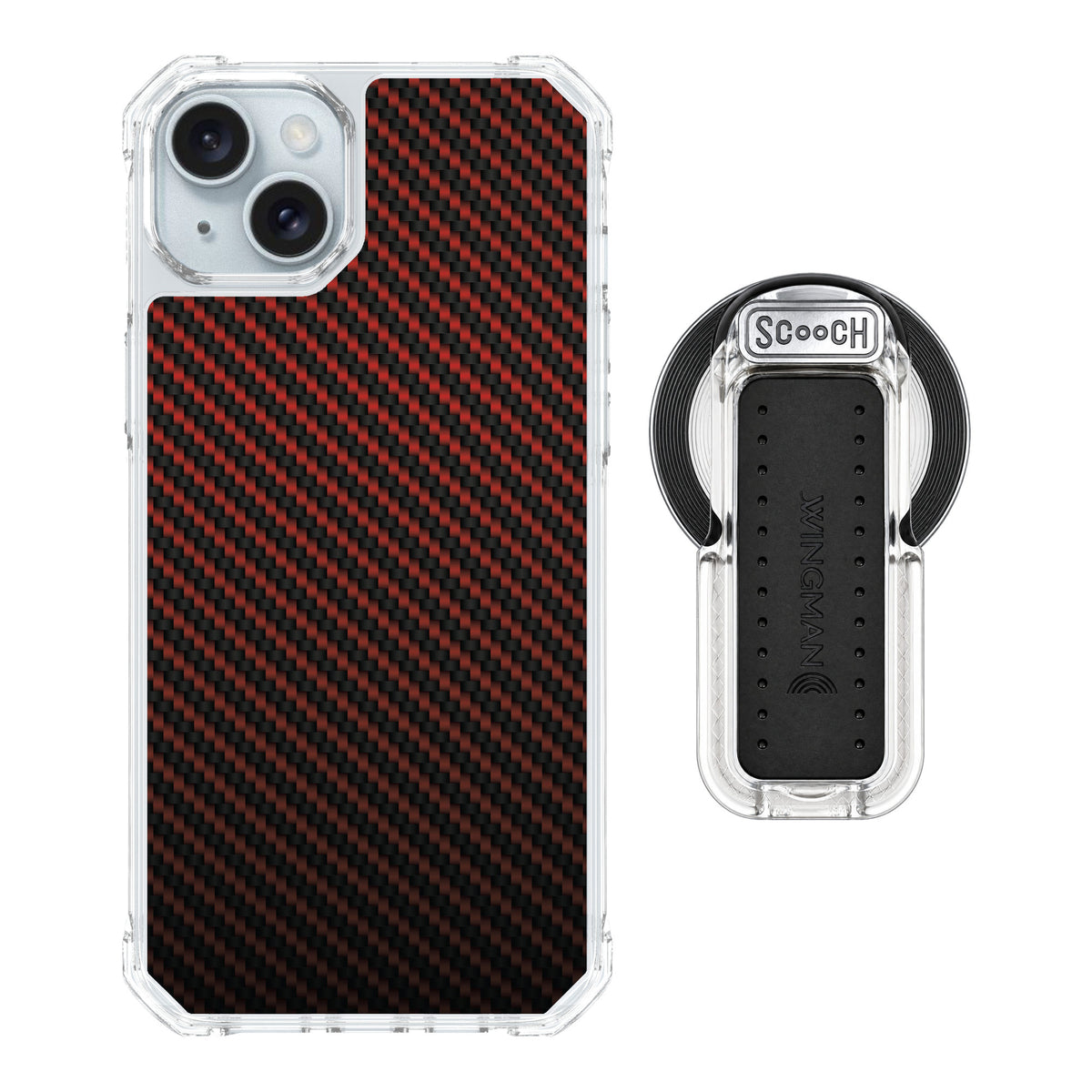 Scooch MagCase Red Carbon Fiber for iPhone 15 Plus — MagSafe Wingback Bundle - Clear
