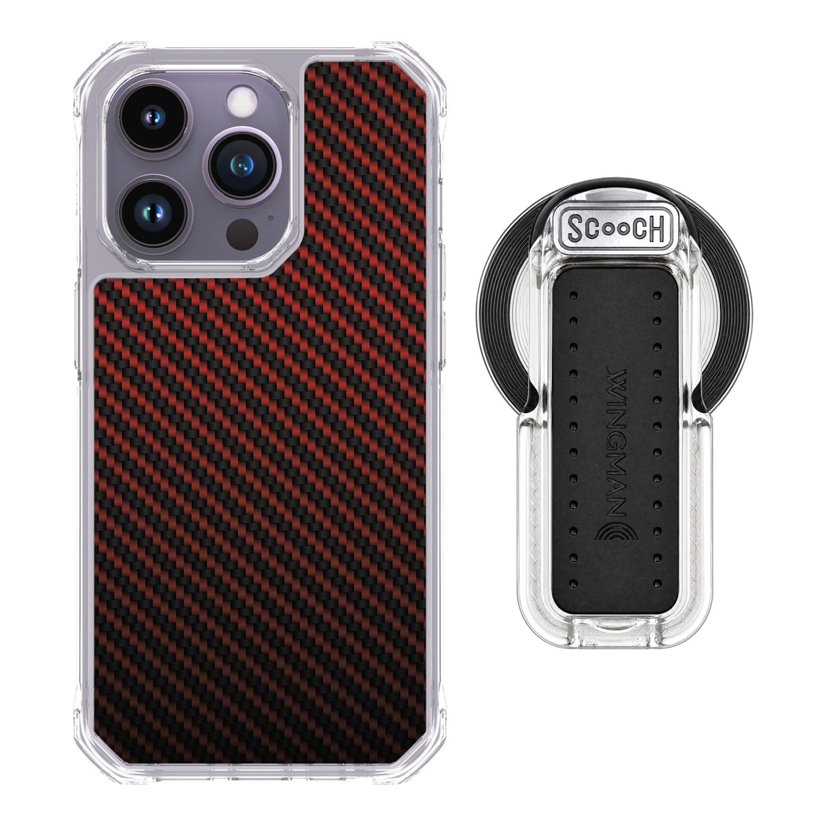 Scooch MagCase Red Carbon Fiber for iPhone 14 Pro — MagSafe Wingback Bundle - Clear