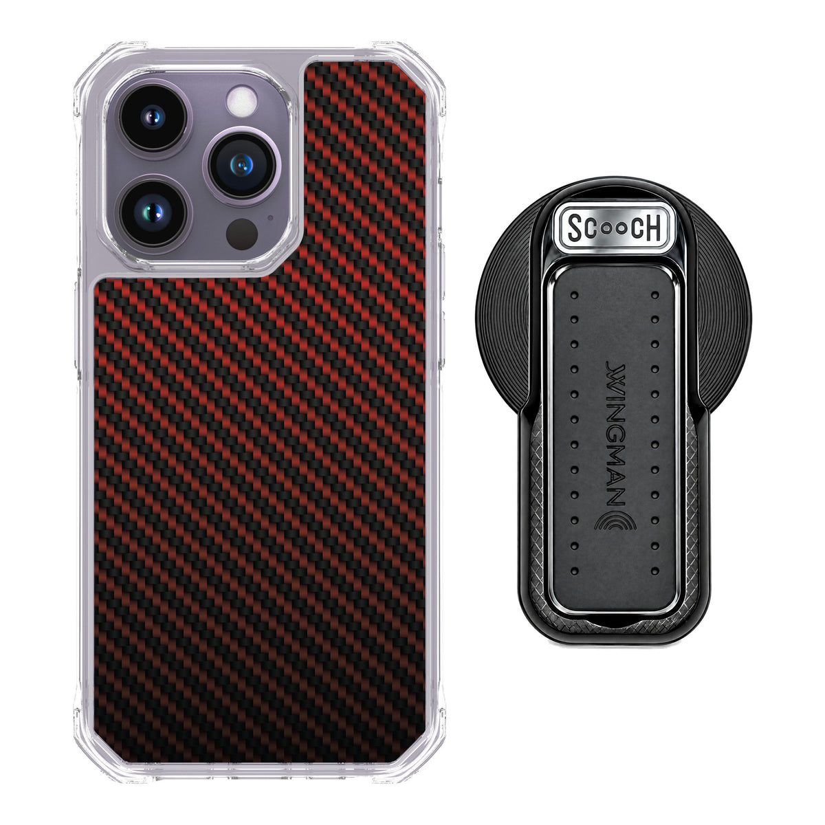 Scooch MagCase Red Carbon Fiber for iPhone 14 Pro — MagSafe Wingback Bundle - Black