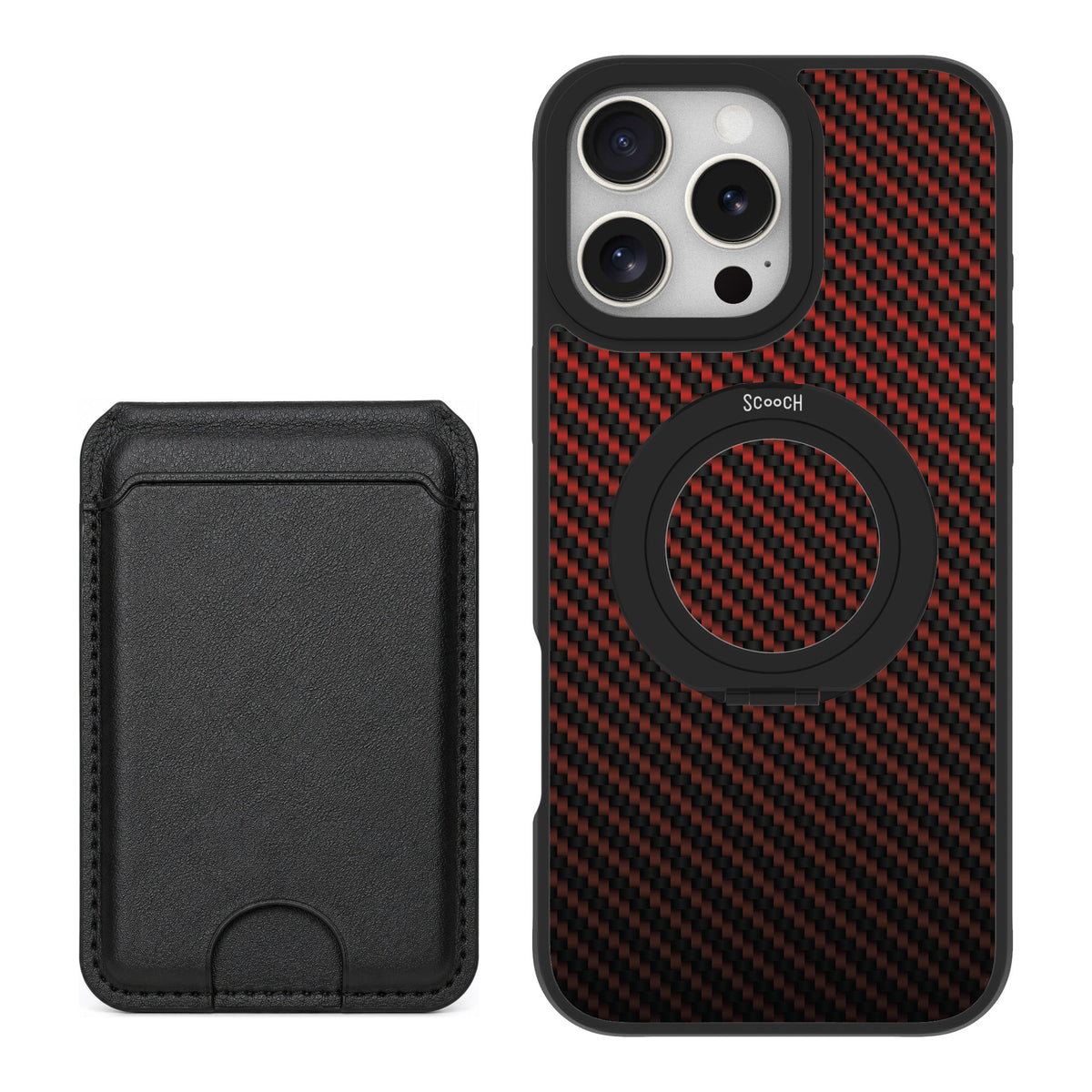 Scooch MagCase Red Carbon Fiber for iPhone 16 Pro Max — Black MagWallet Bundle
