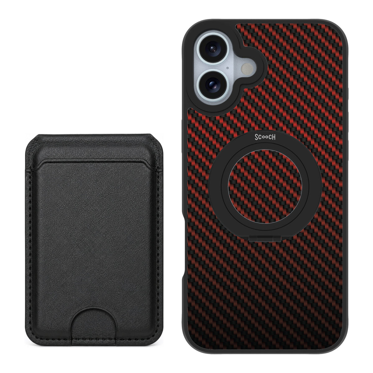 Scooch MagCase Red Carbon Fiber for iPhone 16 Plus — Black MagWallet Bundle