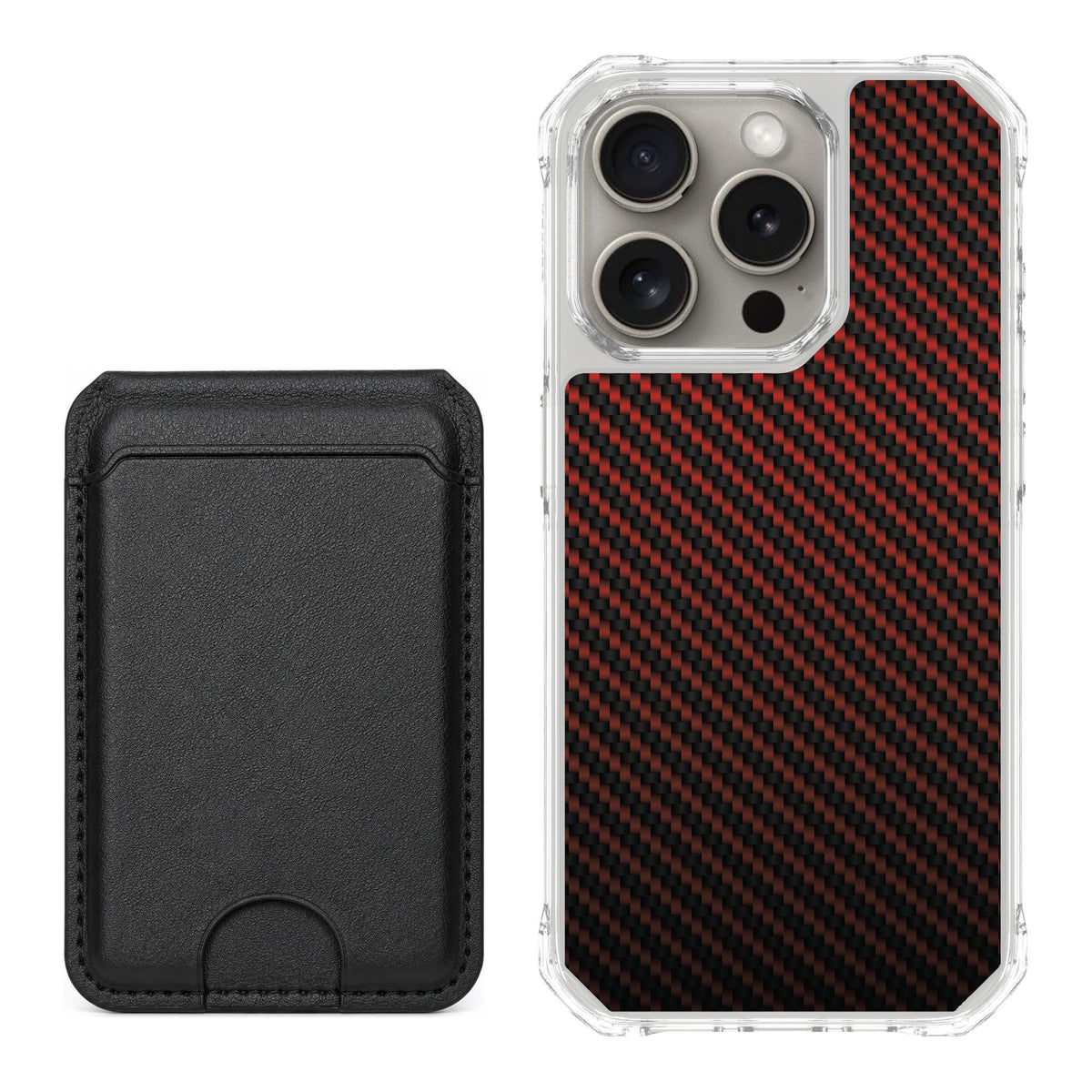 Scooch MagCase Red Carbon Fiber for iPhone 15 Pro — Black MagWallet Bundle