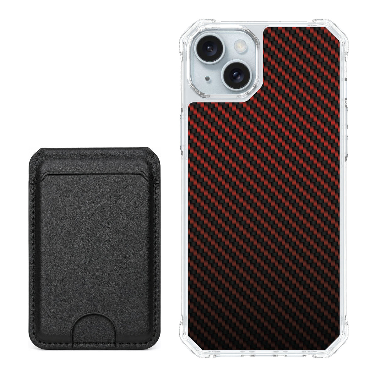 Scooch MagCase Red Carbon Fiber for iPhone 15 Plus — Black MagWallet Bundle