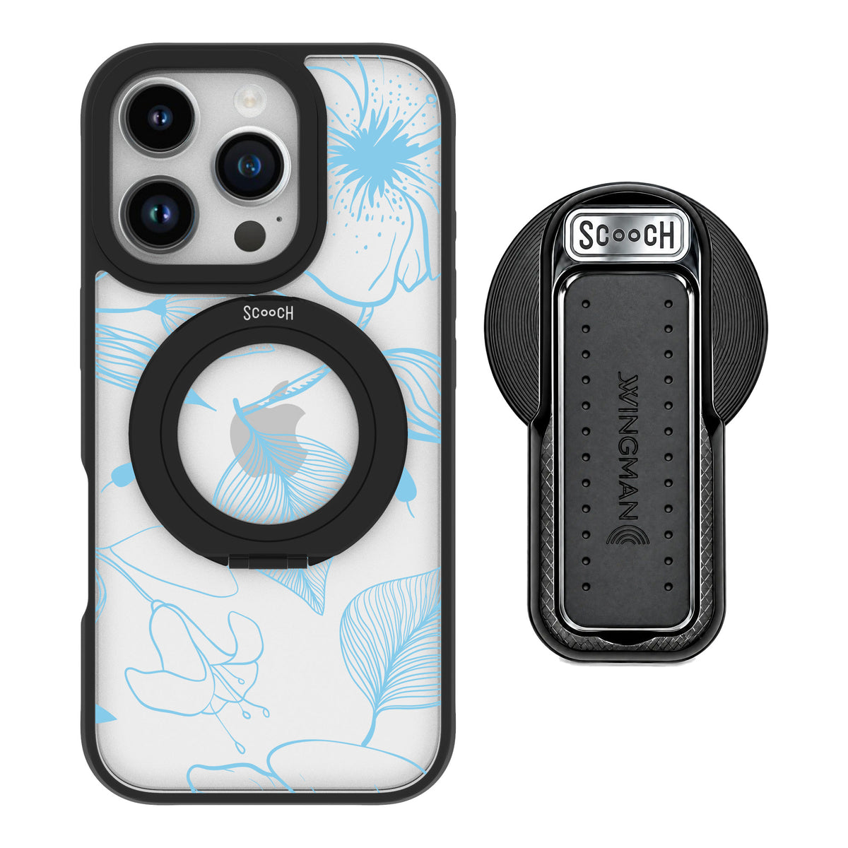 Scooch MagCase Blue Hibiscus for iPhone 16 Pro — MagSafe Wingback Bundle - Black